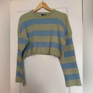 Cropped blue/green striped crew Neck Sweater -NWT fun cuts at waist and cuffs